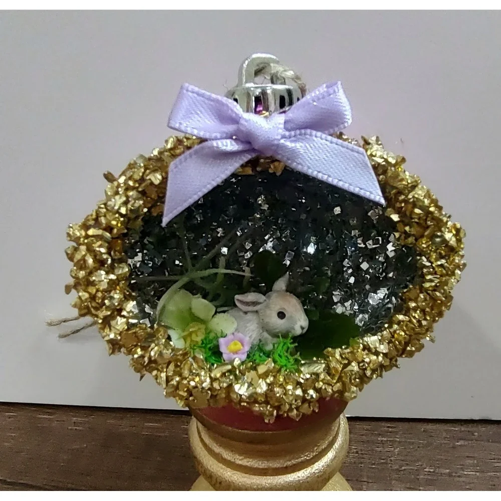 Bunny Rabbit Christmas Ornament Handmade Vtg Style OOAK Shatterproof Diorama